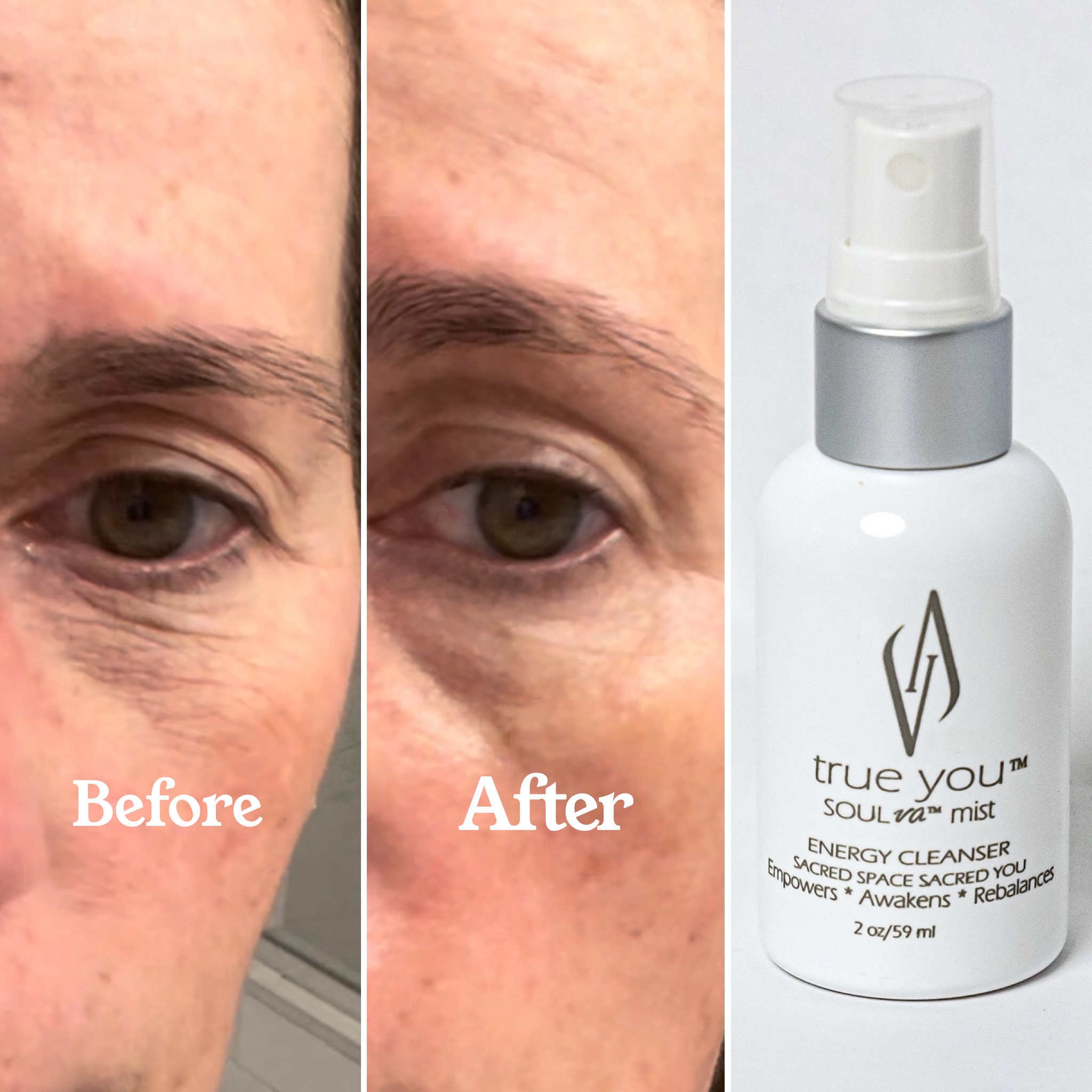 True You SOULva Mist before and after. Dry eye to hydrated and renewed after three sprays. Not filtered. Not altered.